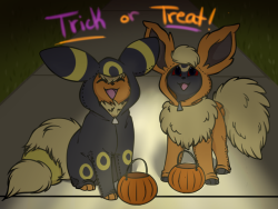 umbreon&ndash;daily: fridayflareon:     🎃     🎃     🎃    &lt; Awesome piece commissioned from @umbreon–daily!! &gt;   Happy Halloween everyone! And thanks Accell for letting me draw these two beans havin a good time together!  ^w^!