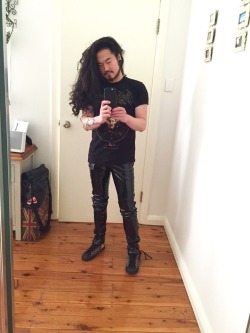 skippyintoronto:  I love my new lace-up vinyl jeans. I know my chicken legs and shoes doesn’t do it any justice LOL 