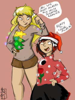 delvg:  Request for jen-iii, just a couple of her wives in ugly christmas sweaters.These dorks probably get way too competitive over sweater contestsp.s Ruby’s is totally based off her weapon.  YAAASSSS