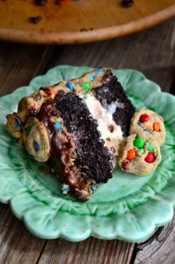 do-not-touch-my-food:  M&amp;M Cookie Dough Ice Cream Cake with Hot Fudge