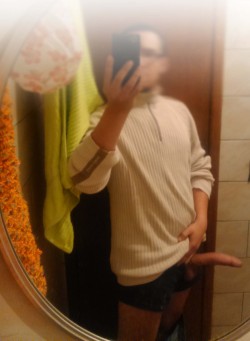 weicebig:  Mirror  big pretty dick &gt; zip turtleneck sweater + orange macramé (?) bathroom object
