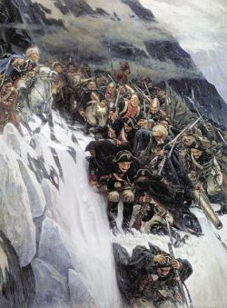 fyeah-history:  Russian Troops under Suvorov crossing the Alps in 1799 (Image credit: Vasily Ivanovich Surikov, 1899)The Italian and Swiss expeditions of 1799 and 1800 were undertaken by a combined Austro-Russian army under overall command of the Russian