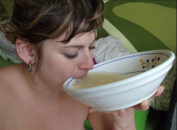 swaggtown862:  She’s actually drinking a bowl full of frozen,saved up and thawed out cum