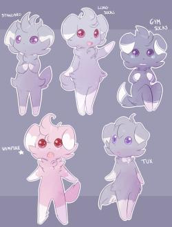 rabbitbatthing:  did some for espurr because why notStandard Espurr are exactly what you’d expect them to be! They’re pretty much the most common type found in captivity and in the wild.Long Socks and Gym Socks are a little less common than Standard,