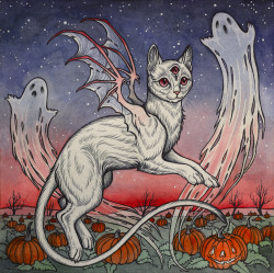 caitlinhackettart:  Spirits of All Hallows Eve, ghosts, ghouls and lost souls abound. I have prints of this little albino bat cat at www.society6.com/caitlinhackettart