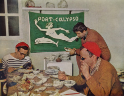 coffeestainedcashmere:Jacques Cousteau and crew examine Italian pottery discovered in a 2,200 year old Greek ship (January, 1954).