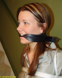 graybandanna:  Tied up in her shiny silver blouse with a black gag 