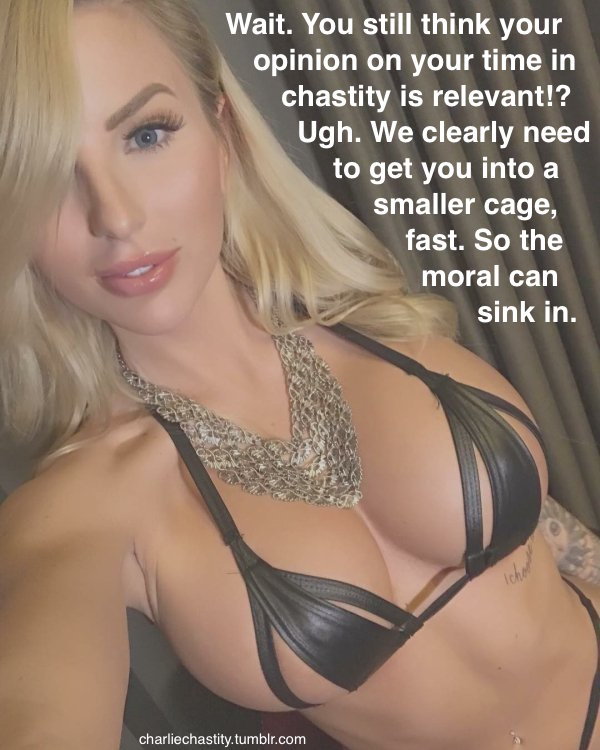 Wait. You still think your opinion on your time in chastity is relevant!? Ugh. We clearly need to get you into a smaller cage, fast. So the moral can sink in.