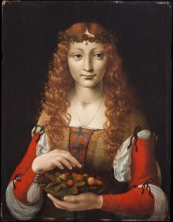 attributed to Marco d’Oggiono (Italian, ca. 1467-1524), Girl with Cherries, ca. 1491-94; oil on panel, 49 x 37.5 cm; Metropolitan Museum of ArtThe attribution of the painting is disputed and has been credited by art critics to at least three milanese