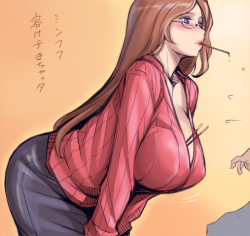 Gelbooru- Image View - 1girl american oppai-san bent over between breasts blue eyes breasts brown hair cleavage curvy glasses huge breasts long hair mouth hold original pocky solo sweater translated tsuda nanafushi | 1342388