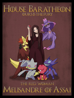 dentojdehundo:  Game of Thrones Pokémon Trainers:Lady Melisandre and her team, Delphox, Magby, Banette, Sableye and Mismagius.I just noticed I misspelled “Asshai”…  