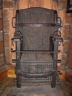 sixpenceee:  The Witches Chair was an 18th century torture method. Victim’s wrists were tied to the chair. Bars would be pushed so the spikes would penetrate through their skin. In some versions, there were holes under the chair’s bottom where the