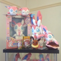 yoshijoshii:  My Sylveon collection so far! I love the pink fairy fox.   And I wonder where my wages go…