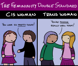 robothugscomic:  New comic! (link to comic) Sorry this one’s a little late.  Trans people have to walk this really fine line with respect to acceptable gender expression. Deviating from what is considered ‘normal’ for their gender results in the