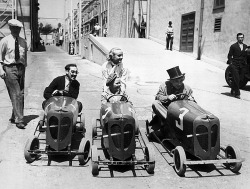 whataboutbobbed:  outside the movie studios, five Hollywood stars attempt to determine, by a race, which is the fastest miniature car. from left To right - Groucho Marx, Jackie Cooper, Carol Lombard, and Harpo Marx - April 9, 1933 