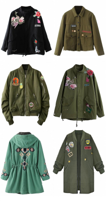 letmelivethafantasyy:  Must-Have Coats &amp; Jackets&gt;&gt; *Free shipping worldwide* Floral Parka Coat Raw Hem Denim Jacket  Pineapple Patches Cropped Bomber Jacket  Floral Detail Studded Parka Jacket  Green Patterned Zip Up Hooded Coat   Army Patch