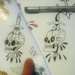 Copy of a design by Ana Serret. I modified it a little.  Not my usual method of skull-doodling. #skulls #americantraditional #oldschool #tattooflash #mattbernson #artistsontumblr #daggertotheskull #copic