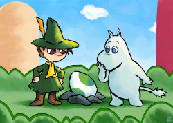 megaryan104:  i like Moomin and i like Yoshi so here’s Moomin and his pal Snufkin finding a Yoshi egg 