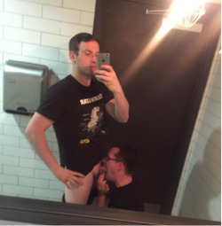 boypublicsex:  Giving head in a mall restroom.
