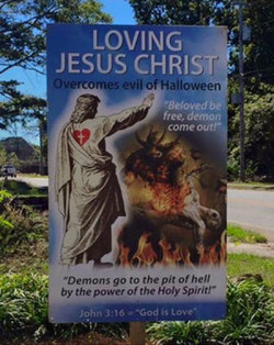 trial-of-the-dragon:  christiannightmares:  Christian lawn sign vs. the evil demons of Halloween (For a related video, click here http://christiannightmares.tumblr.com/post/101462608316/halloween-2014-christian-nightmares-top-9)   Okay but they literally