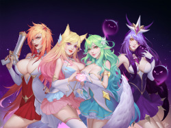 rarts:    Star Guardian Miss Fortune, Ahri, Soraka, Syndra (skins): League of Legends game fan art [by Jz]   