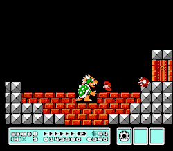 suppermariobroth:  A glitch in Super Mario Bros. 3 allows Mario to remain unharmed in the battle against Bowser as long as he is either Small Mario or ducking, but only while he is standing or moving on the breakable red bricks. (Footage recorded by me
