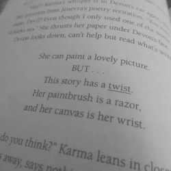 i-m-d-e-p-r-e-s-s-e-d:  andthesnakestarttosing:  andthesnakestarttosing:  Karma is my favorite in this book, tbh.  OH and for those who would like to know the book is called After by Amy Efaw   . 