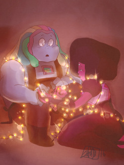 So apparently there’s a @bisnet-bomb and Im so here for that so here’s the day 2 prompt: Reinvention where Garnet just shows Bismuth all the new little things Earth has to offer, like tiny little fairy lights that make you sparkle like the goddess