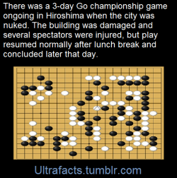 ultrafacts:  The atomic bomb go game is a game of Go that was in progress when the first atomic bomb was dropped on Hiroshima, Japan on August 6, 1945. The venue of the game was in the suburbs of Hiroshima, about 5 kilometers (3.1 mi) from ground zero.