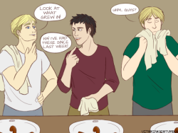 vitaminkae:  The dumb things I think of when I work overnight shifts. I love dorky Erwin. Full view, if you wanna see Erwin’s chin hair! X) Can I please get an OVA based on their trainee days? Please? 