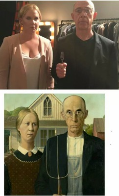 theinturnetexplorer:  Someone on Twitter pointed out to Amy Schumer that she looks like the woman from American Gothic. Her and JK Simmons quickly responded with a photo.  