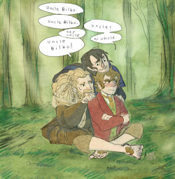 ewelock:   enemyx said: Here’s a drawing prompt for you! A flustered but pleased Bilbo the first time Fili or Kili accidentally call him “Uncle Bilbo”  I totally misread your prompt, sorry! I thought you said Fili and Kili teasing Bilbo by calling
