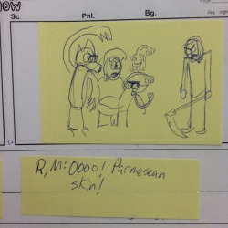 oweeeeendennis:  The first storyboard I did for Regular Show looked like this. Really. This is real, official, storyboard art. It’s for Last Meal. Granted, this was the thumbnail pass, so one assumes it’s slightly not as good looking as the cleaned