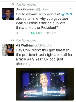 liberalsarecool:  CNN had Joe Walsh on after he threatened  to kill Obama and called for a race war.  CNN is a bottom feeder.