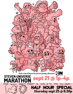 ianjq:  SUNDAY SUNDAY SUNDAY! Catch up on the whole season with a STEVEN UNIVERSE MARATHON! 3 solid hours of your favorite little Gem dude! Can you name all the episodes represented in this poster? Starting at 1pm on Cartoon Network!