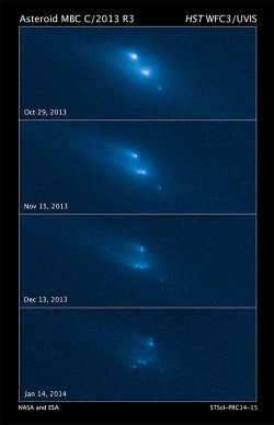 science-junkie:  Disintegration of an asteroid This series of Hubble Space Telescope images reveals the breakup of an asteroid over a period of several months in late 2013.  The largest fragments are up to 200 yards in radius, each with “tails” caused