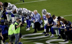nbcnightlynews:    JUST IN: Cowboys owner Jerry Jones joins Cowboys players and coaches in linking arms and taking a knee before the National Anthem tonight.    Wow. 