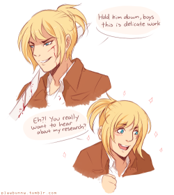 I like imagining Hanji taking Armin under her wing like a sempai and Armin picks up all these influences and quirks and grows up to be like a little version of her uvu