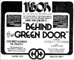 Vintage advertisement for Behind the Green Door, circa 1973