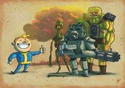 insanelygaming:  Vault Boy, Brotherhood of Steel, a Super Mutant and a Ghoul Submitted by Jón Kristinsson