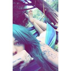 #tattoos #snapchat #stonerchick #sexylingerie #nuckletattoos #alternativegirl #boobs #blueeyes #camgirl #greenhair #gettingnaked #model #nature #panties #tattoos #hammock #hippylife