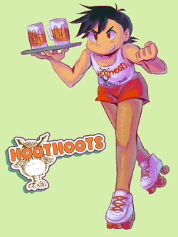 commanderpigg:  I told you I’d make it happen. I did some research, and apparently not many Hooters restaurants allow the use of roller skates for their workers since it’s dangerous and impractical.  But then again, who’s more dangerous and impractical