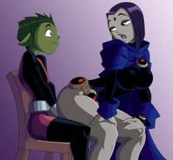 ravenravenraven:Alright so here’s a quick little thing I did. Quite a few people have been asking me how much they would like the Raven lap dance pic if it was Beast Boy in the chair so I basically thought why the hell not and went back and reworked