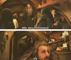 arkanecorvo:  Bilbo, allow me to introduce: Fili, Kili, Óin, Glóin, Dwalin, Balin, Bifur, Bofur, Bombur, Dori, Nori, Ori and the leader of our company, Thorin Oakenshield. 