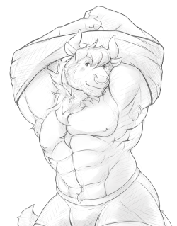 ralphthefeline:  A blushy buff bull taking off his shirt because beefy bulls are yum yum~! No particular reason~! Also I was due for a buff male~!  
