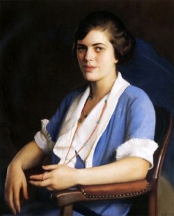 William McGregor Paxton (Baltimore, Maryland, 1869 - Newton Centre, Massachusetts, 1941); Portrait of a young woman in blue, n/d; oil on canvas, 77 cm x 64 cm