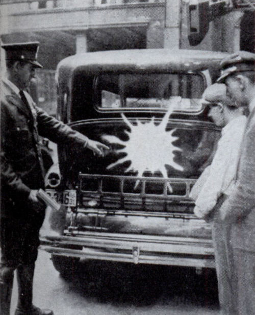 vintageeveryday:  So that gangsters and hit-and-run drivers cannot escape pursuing police cars in crowded city streets, a St. Louis, Missouri, inventor has devised a pistol which shoots a small celluloid shell about the size of a hen’s egg in 1932.Upon