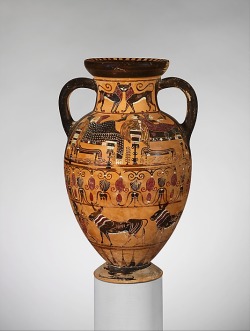 ancientpeoples:  Terracotta vase  At the top two mythological creatures. At the shoulders we see two people lying at a banquet. Underneath a frieze of flowers and geometrical decoration. Lastly a man herding bulls.  This type of decoration is attributed