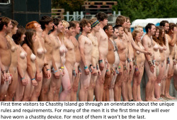 chastebob:  Picture sourced from http://a-nudist-naturist-adventure.tumblr.com/image/121770874190. Chastity devices added in Photoshop. Caption by Chastebob. 