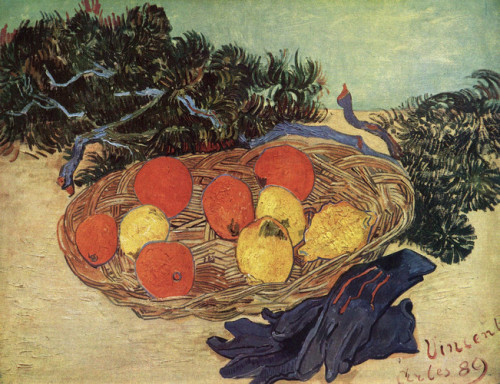 artist-vangogh:  Still Life with Oranges and Lemons with Blue Gloves, 1889, Vincent van GoghMedium: oil,canvas